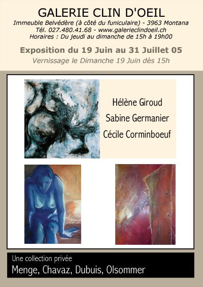 Exposition d'H&eacute;l&egrave;ne Giroud, Sabine Germanier, C&eacute;cile Corminboeuf &agrave; la Galerie Clin d'Oeil - Montana