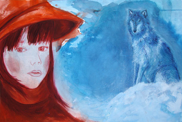 peinture de femme : dyptique, au loup 1